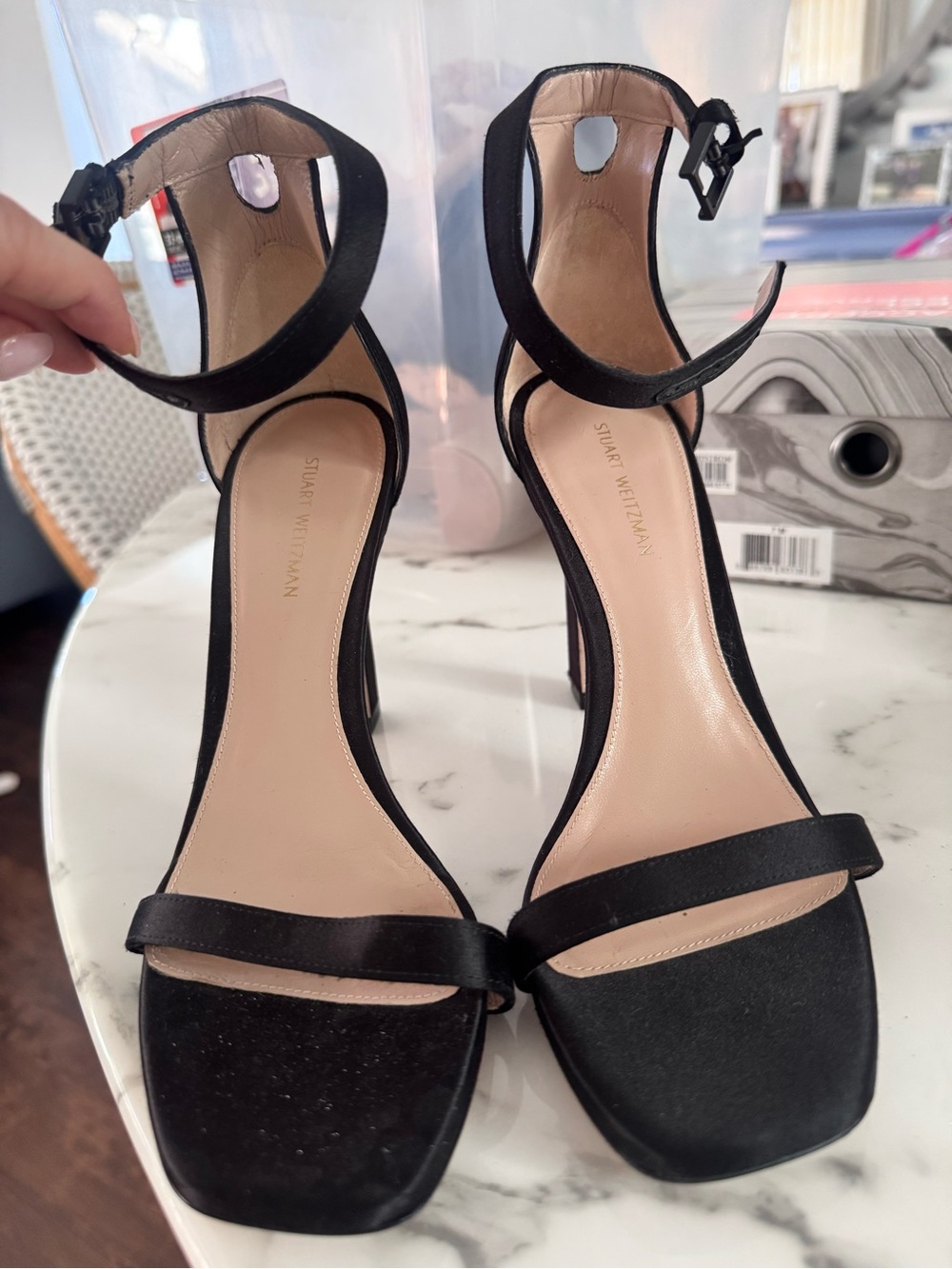 Stuart Weitzman "Nudist" Black Satin Strappy Ankle-Heel Sandals